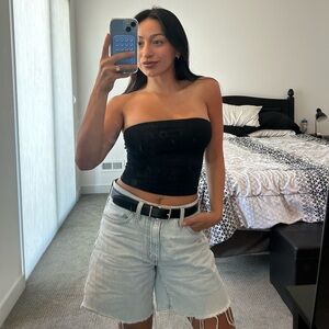 Black Tube Top and Light Denim Shorts